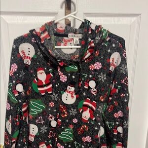 Festive Holiday Hoodie with Santa and Snowman Print by eye candy
